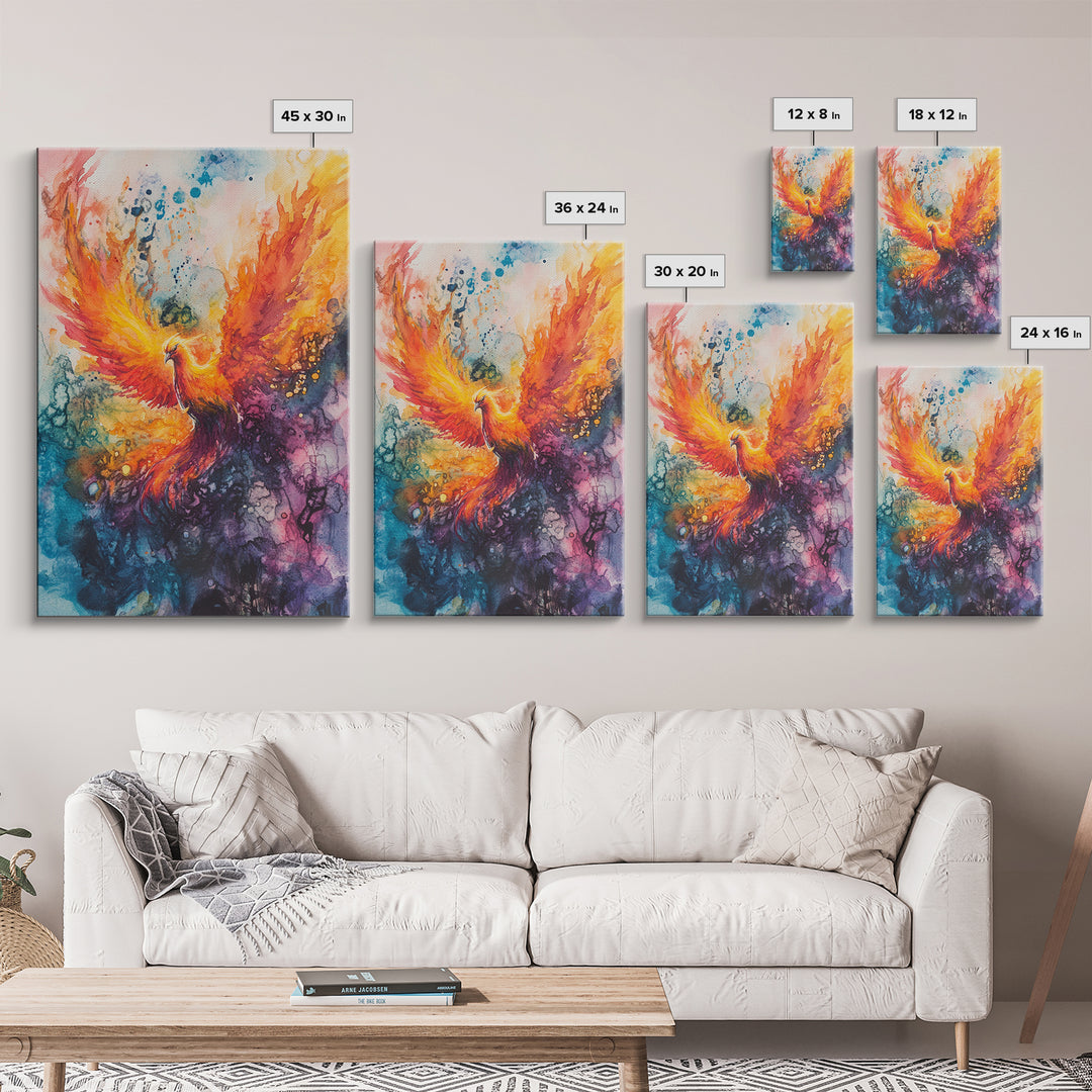 Rising Phoenix Canvas Print Wall Art - Majestric Watercolor Painting On Vertical Canvas, Framed and Ready To Hang, Hardware Included