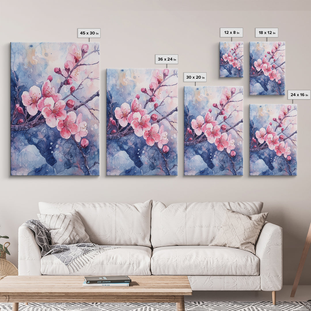 Cherry Blossoms Wall Art, Framed Canvas Print, Ready To Hang, Boho Decor, Minimalist Cherry Blossom Painting, Home Decor Living Room