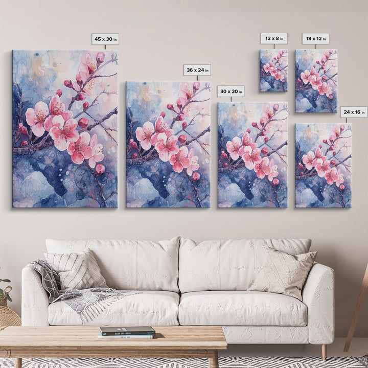 Cherry Blossoms Wall Art, Framed Canvas Print, Ready To Hang, Boho Decor, Minimalist Cherry Blossom Painting, Home Decor Living Room