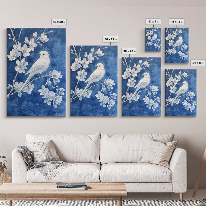 Blue Botanial Wall Art Chinoiserie Wall Art, White Bird, Blue Chinoiserie Home Decor, Botanical Print, Bird Painting, Framed Canvas Print