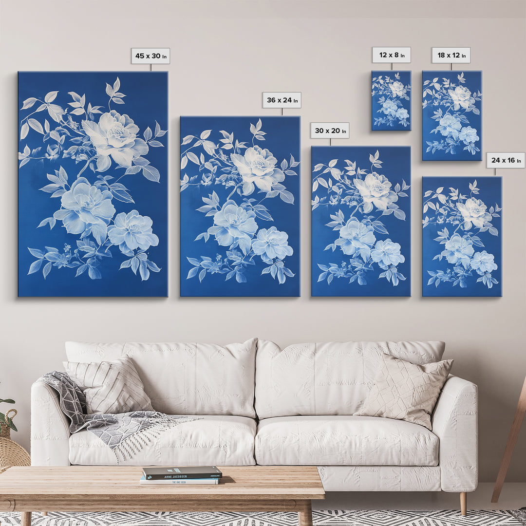 Blue Botanical Wall Art Chinoiserie Wall Art, Wall Decor Minimalist Wall Art, Blue Roses, Botanical Print Wall Art