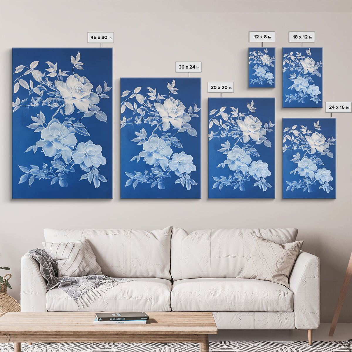 Blue Botanical Wall Art Chinoiserie Wall Art, Wall Decor Minimalist Wall Art, Blue Roses, Botanical Print Wall Art