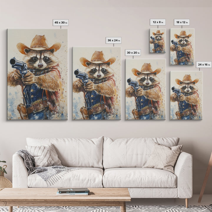 Rootin' Tootin' Racoon Cowboy, Framed Canvas Print, Ready to Hang, Racoon Painting