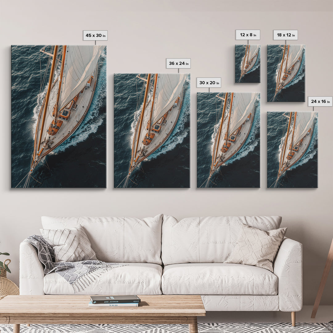 Bird's Eye View Of A Sailboat, Framed Canvas Print, Sail Boat Photography Print, Sailboat Painting, Nautical Decor, Nautical Wall Art