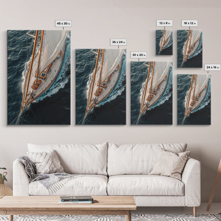 Bird's Eye View Of A Sailboat, Framed Canvas Print, Sail Boat Photography Print, Sailboat Painting, Nautical Decor, Nautical Wall Art