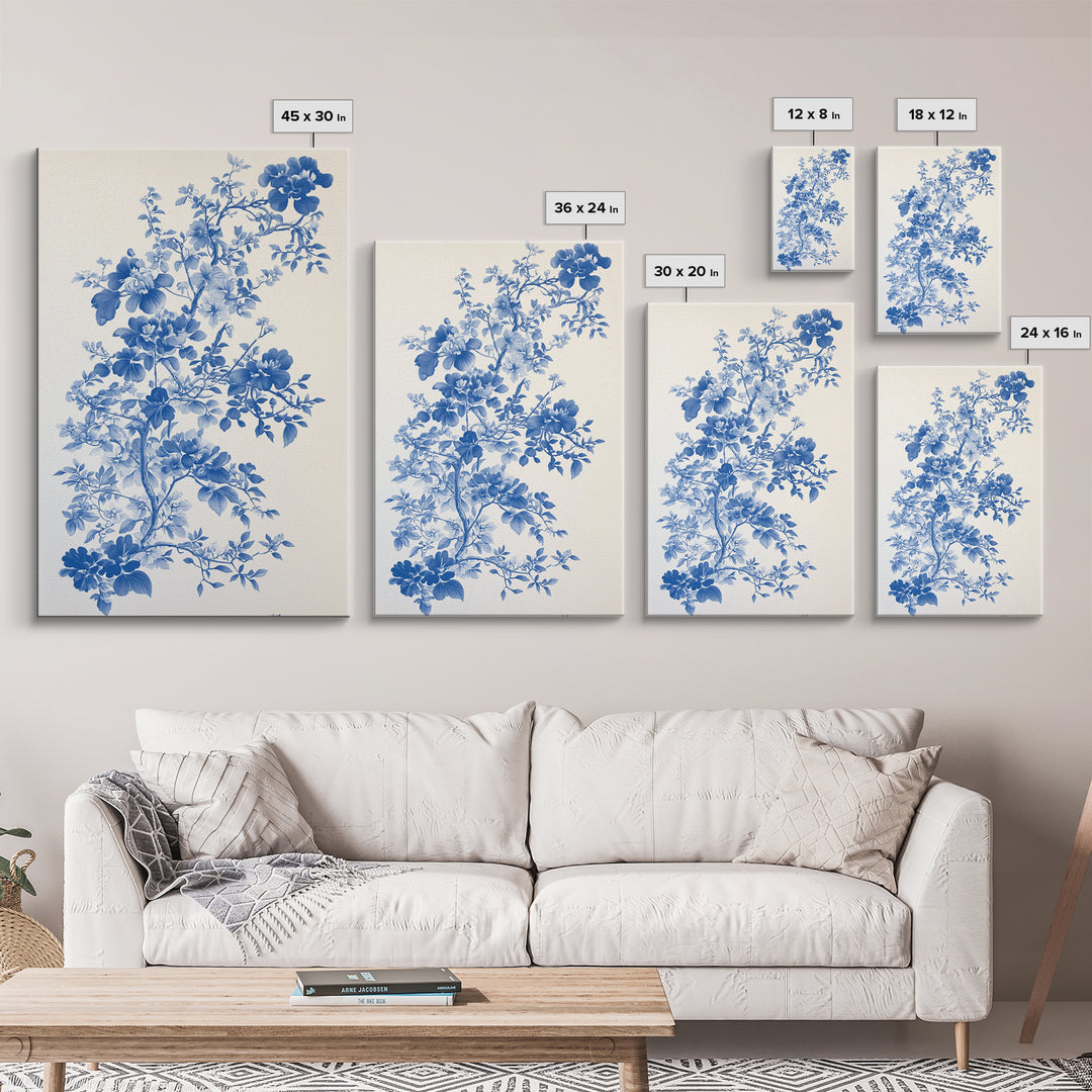 Blue Floral Print, Chinoiserie Wall Art, Framed Canvas, Canvas Art Home Decor, Chinoiserie Style Painting