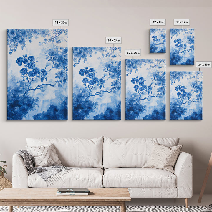 Blue Roses Chinoiserie Style Painting Print, Living Room Decor, Chinoiserie Wall Art, Chinoiserie Decor, Living Room Wall Art