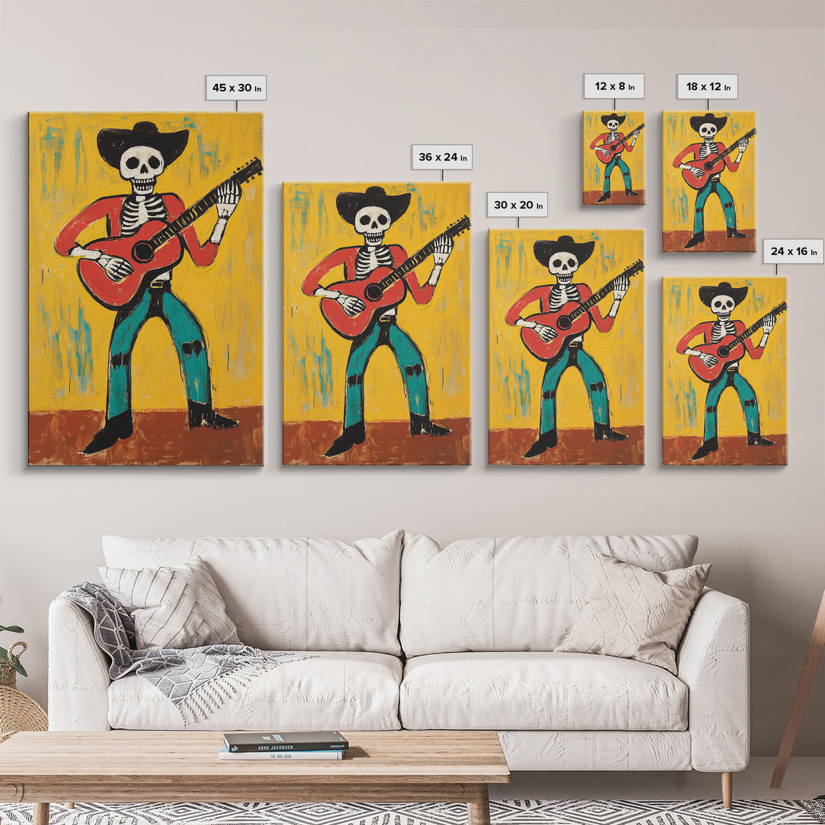 Canvas Print Of a Cowboy Skeleton Guitarist, Mexicano Art, Chicano Art, Original Artwork, Vaquero Art