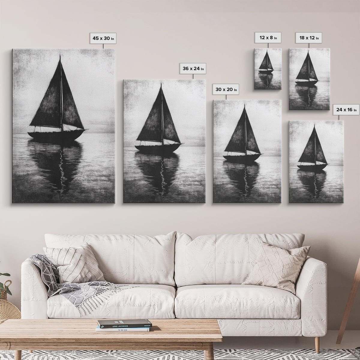 Charcoal Sketch of a Sailboat, Framed Canvas Print, Sailboat Painting, Minimalist Home Decor, Nautical Decor, Black and White Sailboat Art