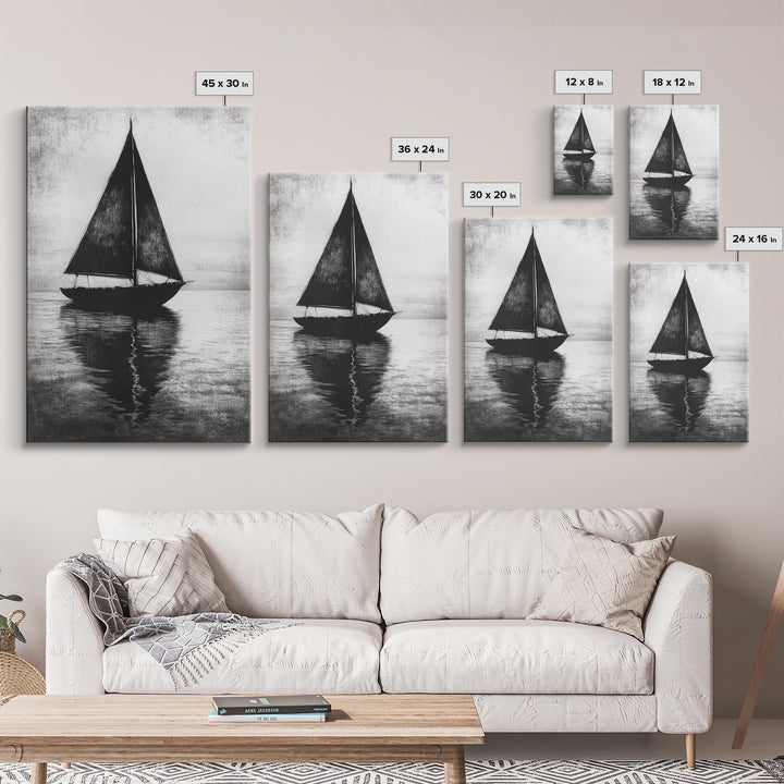 Charcoal Sketch of a Sailboat, Framed Canvas Print, Sailboat Painting, Minimalist Home Decor, Nautical Decor, Black and White Sailboat Art