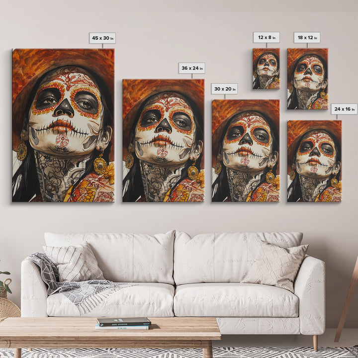 Day Of The Dead Portrait Framed Canvas Print, Chicano / Mexicano Wall Art, Home Decor, Chicano Wall Art, Chicano Painting