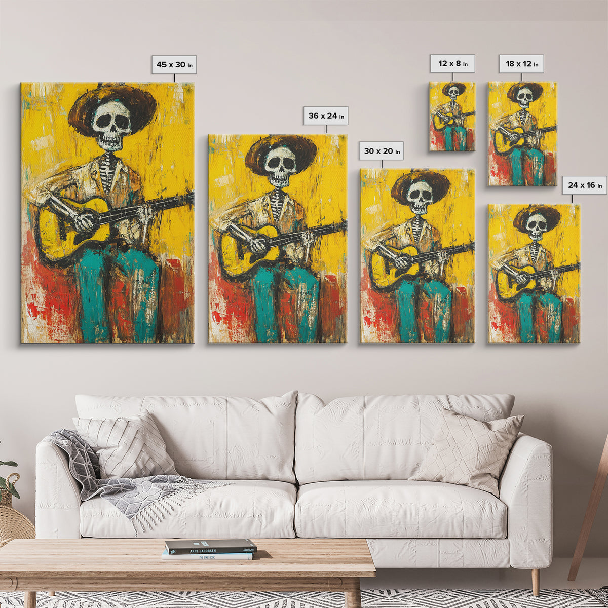 Chicano Canvas Print Of a Cowboy Skeleton Guitarist, Mexicano Art, Chicano Art, Original Artwork, Vaquero Art