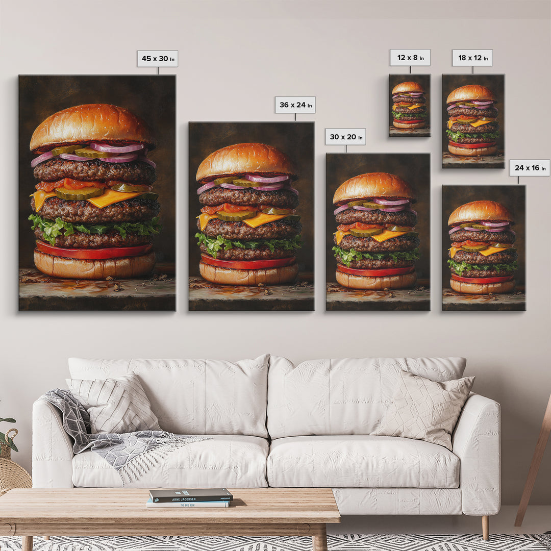 The Burg' Canvas Print, Retro Still Life Oil Painting Of a Hamburger, Canvas Print, Kitchen Decor, Dining Room Art, Funny Wall Art