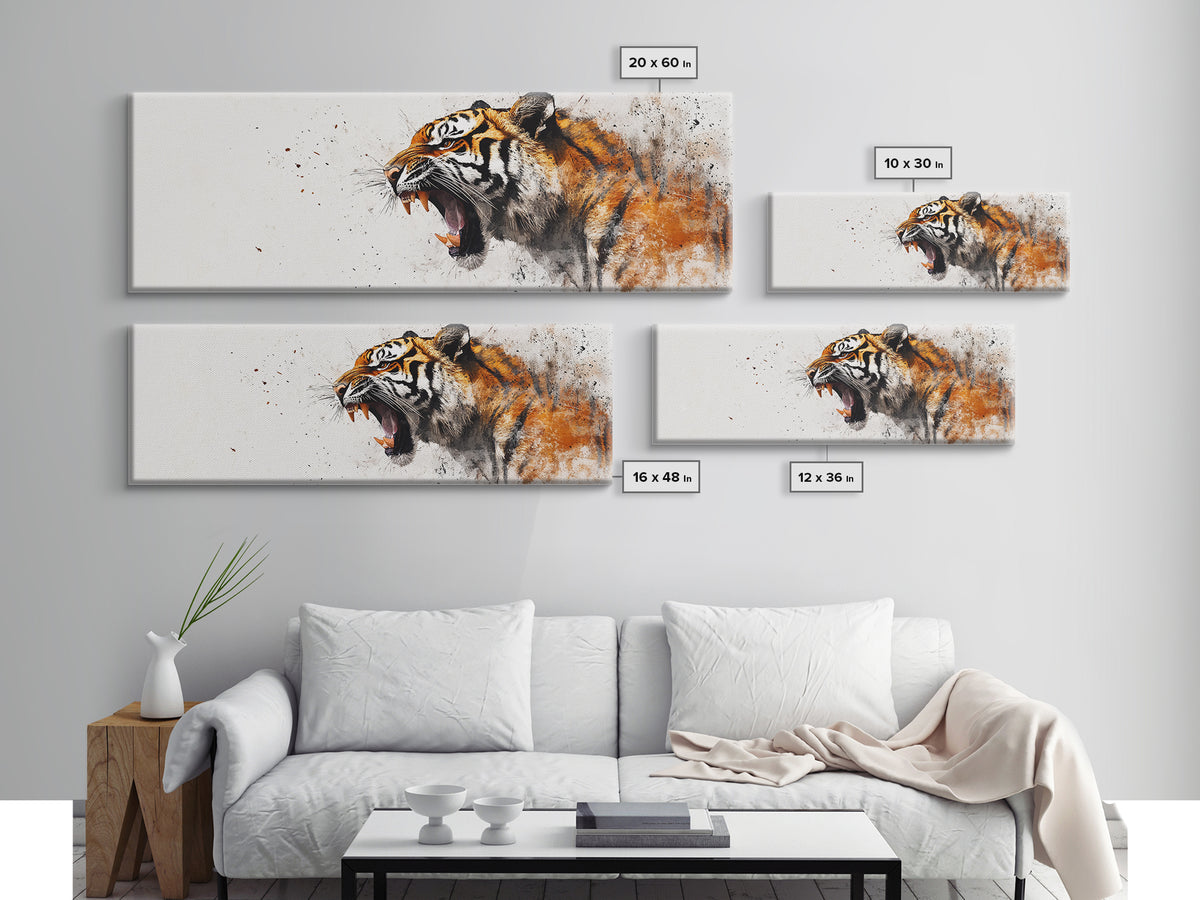 Panoramic Tiger Roar, Statement Piece Wall Art, Framed Canvas Print, Tiger Art, Tiger Painting, Tiger Print, Gift Idea for Him, Man cave art