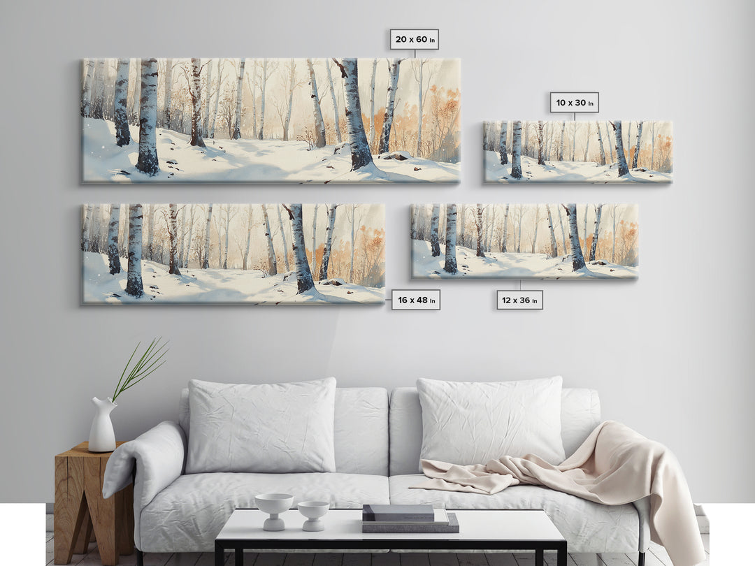 Birch Tree Forest In The Snow Covered Winter Framed Canvas Print, Panoramic Wall Art, Original Birch Tree Art, Birch Tree Painting, Horizontal Art
