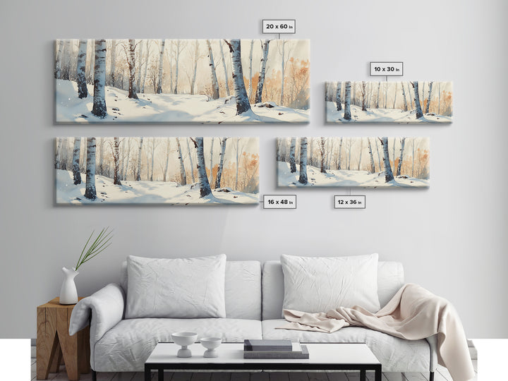 Birch Tree Forest In The Snow Covered Winter Framed Canvas Print, Panoramic Wall Art, Original Birch Tree Art, Birch Tree Painting, Horizontal Art