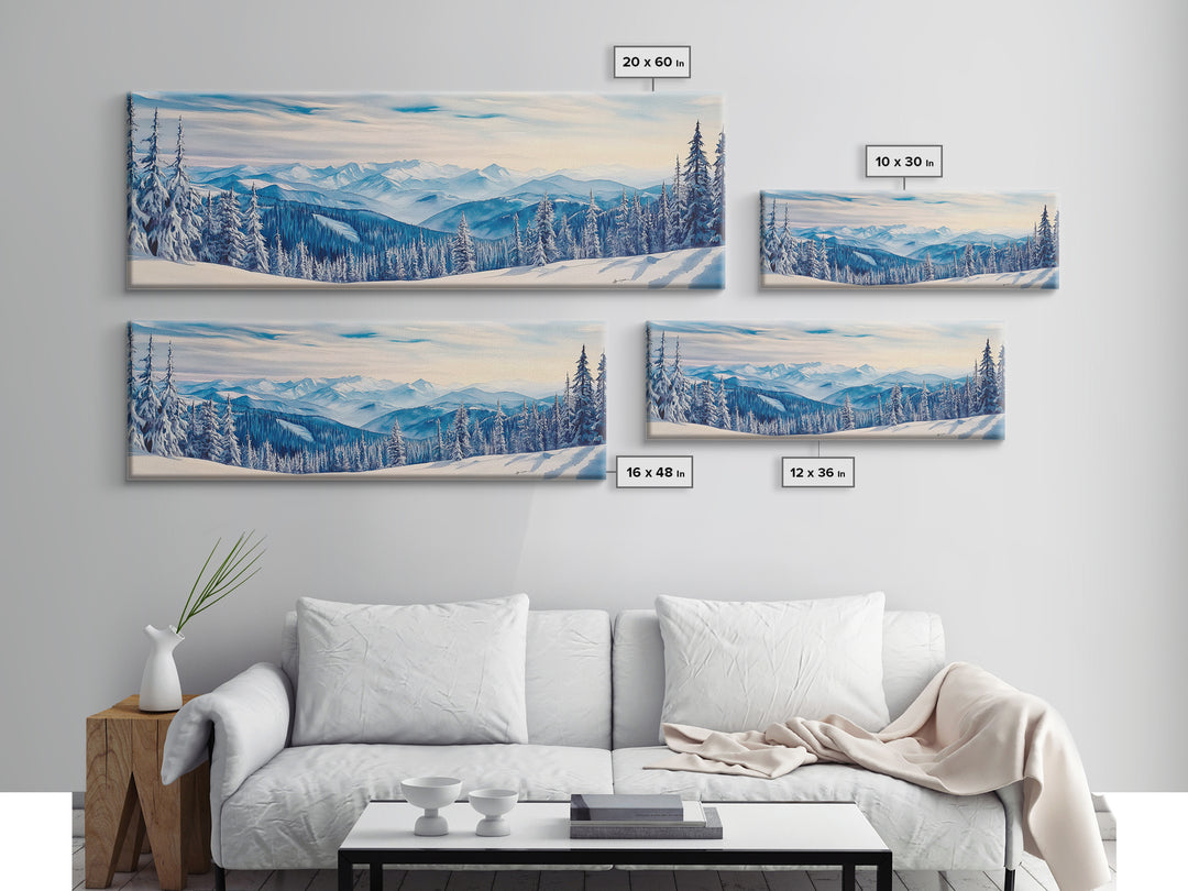 Winter Forest Landscape Painting Print, Horizontal Wall Art, Pine Tree Forest Covered in Snow, Mountain Painting, Mountain Landscape Art