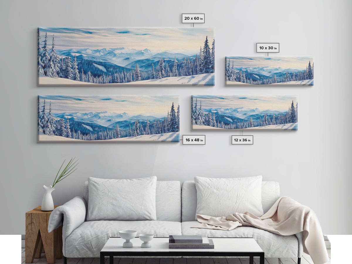 Winter Forest Landscape Painting Print, Horizontal Wall Art, Pine Tree Forest Covered in Snow, Mountain Painting, Mountain Landscape Art