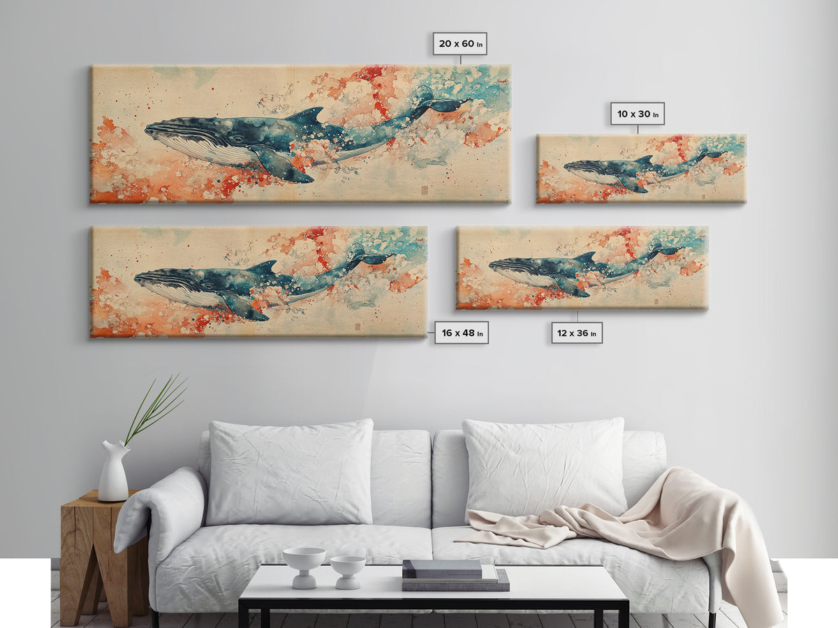 Panoramic Whale Painting Print | Wabi Sabi Home Decor | Japanese Style Art | Modern Living Room Art | Above Sofa Decor | Whale Wall Art