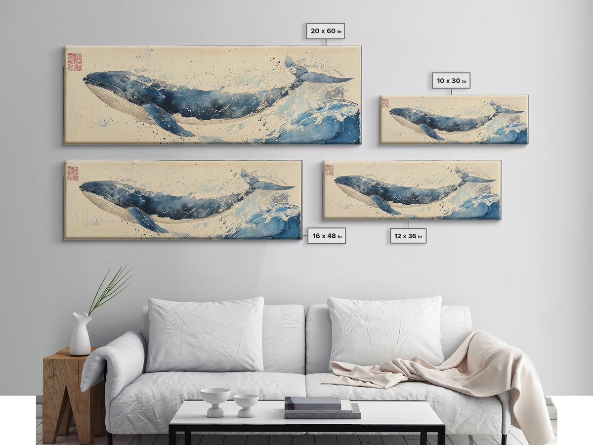 Japanese Style Wabi Sabi Painting Canvas Print of a Whale | Nautical Decor | Animal Print | Ocean Art | Whale Wall Art | Whale Decor