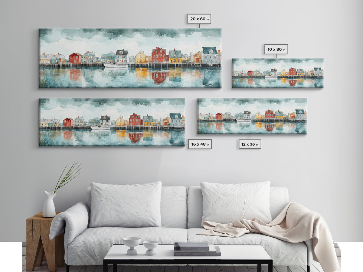 Panoramic Painting Print of Nantucket, Framed Canvas Print, Nantucket Painting, nautical seascape landscape painting, Nautical Decor