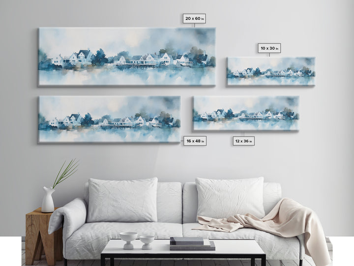 Horizontal Painting Print of Nantucket, Framed Canvas, Nautical Decor, Seascape landscape painting, Panoramic Nantucket Wall Art