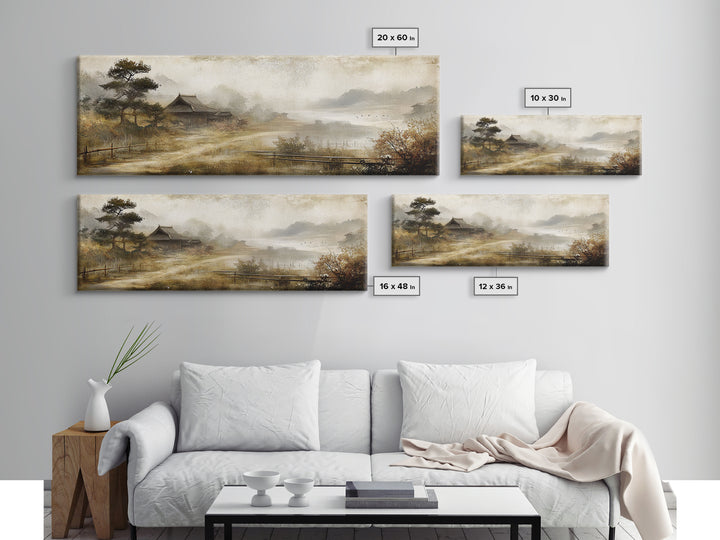 Retro Landscape Print - Landscape Painting - Wabi Sabi Panoramic Wall Art - Minimalist Home Decor - Ancient Japan Landscape Painting
