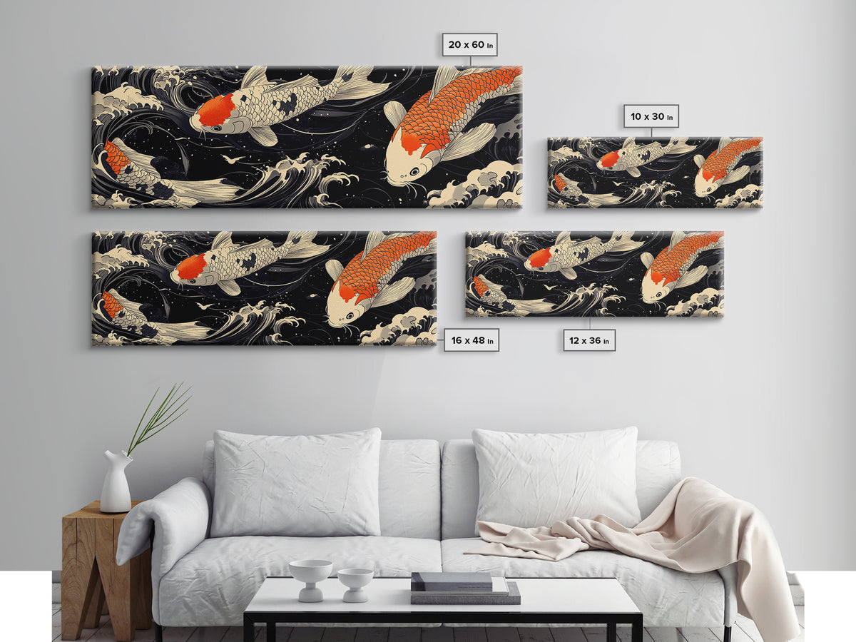 Wabi Sabi Boho Painting Print of Ko Fish, Japanese Style Decor, Panoramic Horizontal Wall Art, Extra Wide 70 Inch Wall Art, 72 Inch Wide Art
