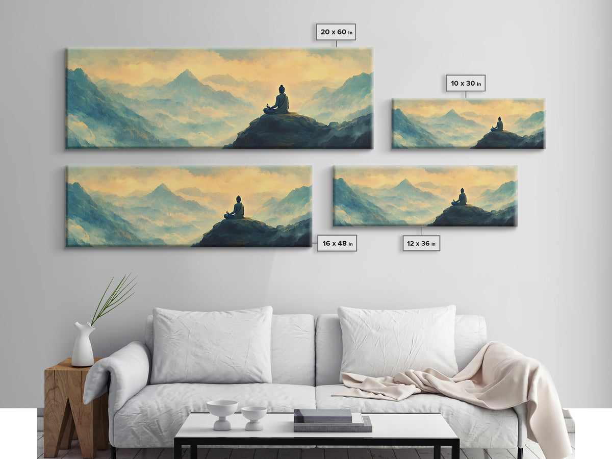 Buddha Meditating On The Mountain Framed Canvas Print, Zen Wall Art, Meditation Room Decor, Yoga Studio Decor, Panoramic Buddha Painting
