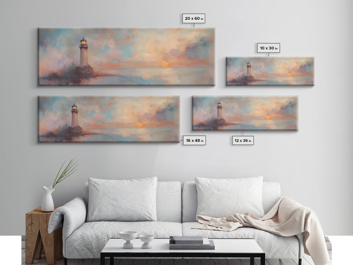 Nautical Home Decor, Whimsical Lighthouse Panoramic Painting Canvas Print, Seascape Painting, Light House Wall Art, Lighthouse Print