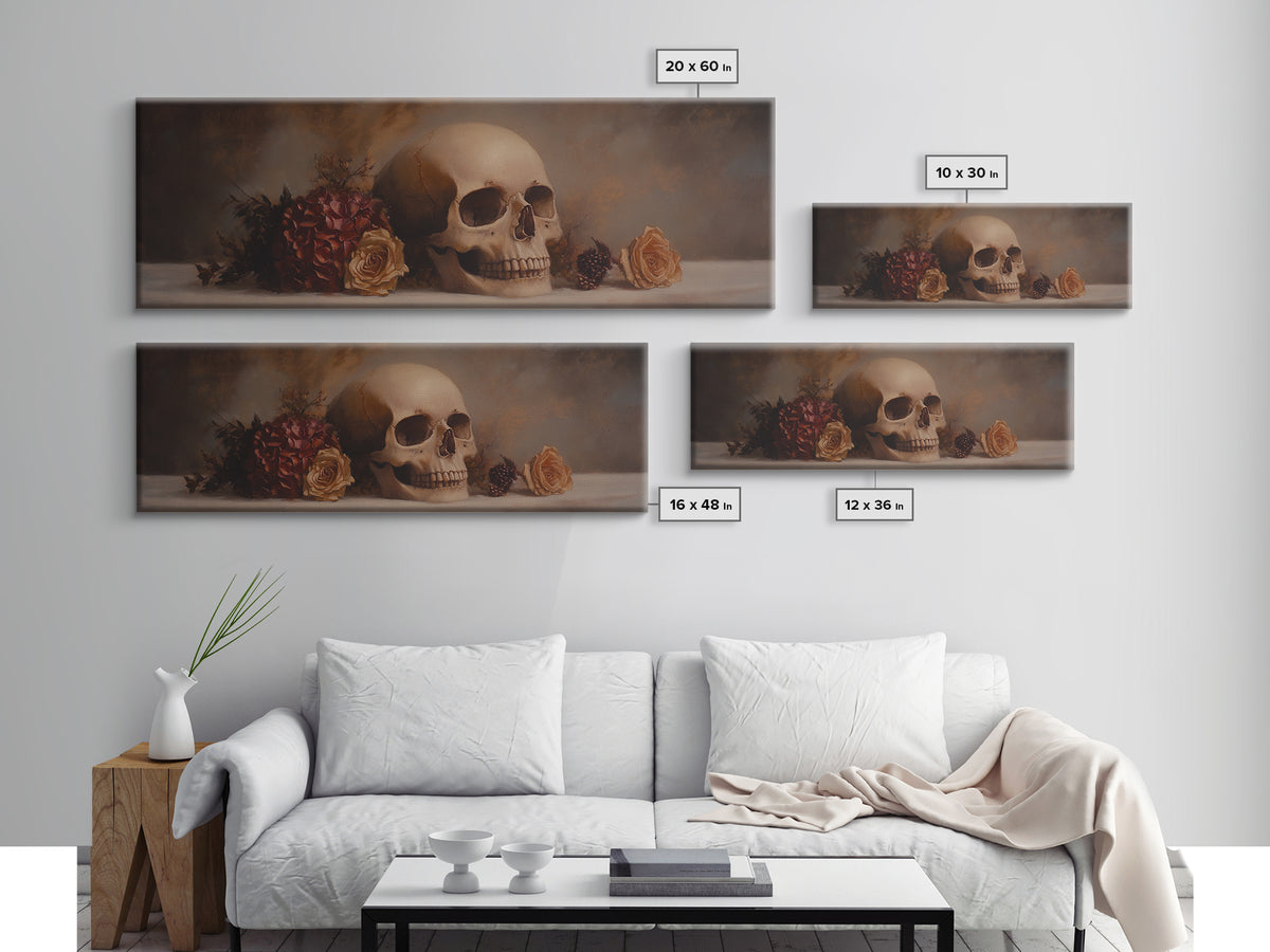 Dark Academia Oil Painting Print Stil Life of a Skull and Flowers, Gothic Home Decor, Goth Art, Witchy Decor, Halloween Art, Moody Decor