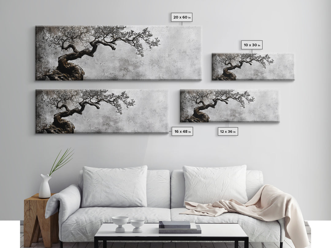 Black and White Bonzai Tree Framed Canvas Print, Wabi Sabi Japanese Style Home Decor, Minimalist Art, Moody Decor, Moody Art