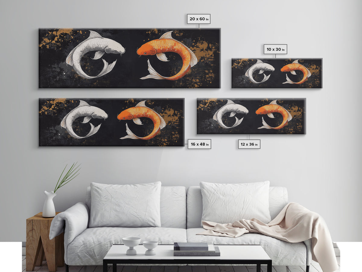 Koi Fish Infinite Sign Framed Canvas Print Ready To Hang, Wabi Sabi Home Decor, Panoramic Extra Wide Art, 20 x 60 Wall Art