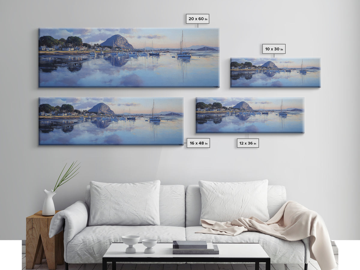 Panoramic Painting Print of Morro Bay California, Painting Morro Bay Framed Canvas Print, California Wall Art, Nautical Seascape Landscape Painting