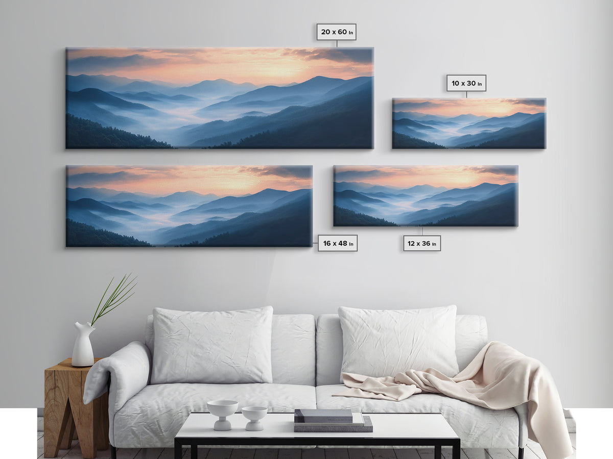 Morning Fog Over the Blue Ridge Mountains, Framed Canvas Print, Landscape Nature Wall Art, Painting Canvas Print, Mountain Painting Art