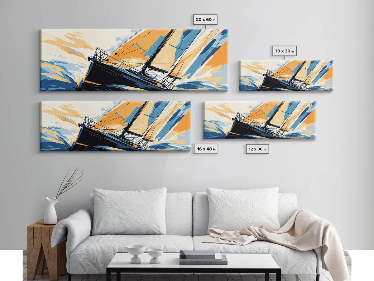 Pop Art Sailboat Painting Print - Vibrant Colorful Seascape Art - Nautical Landscape - Panoramic Ultra Wide Wall Art - Sail Boat Art