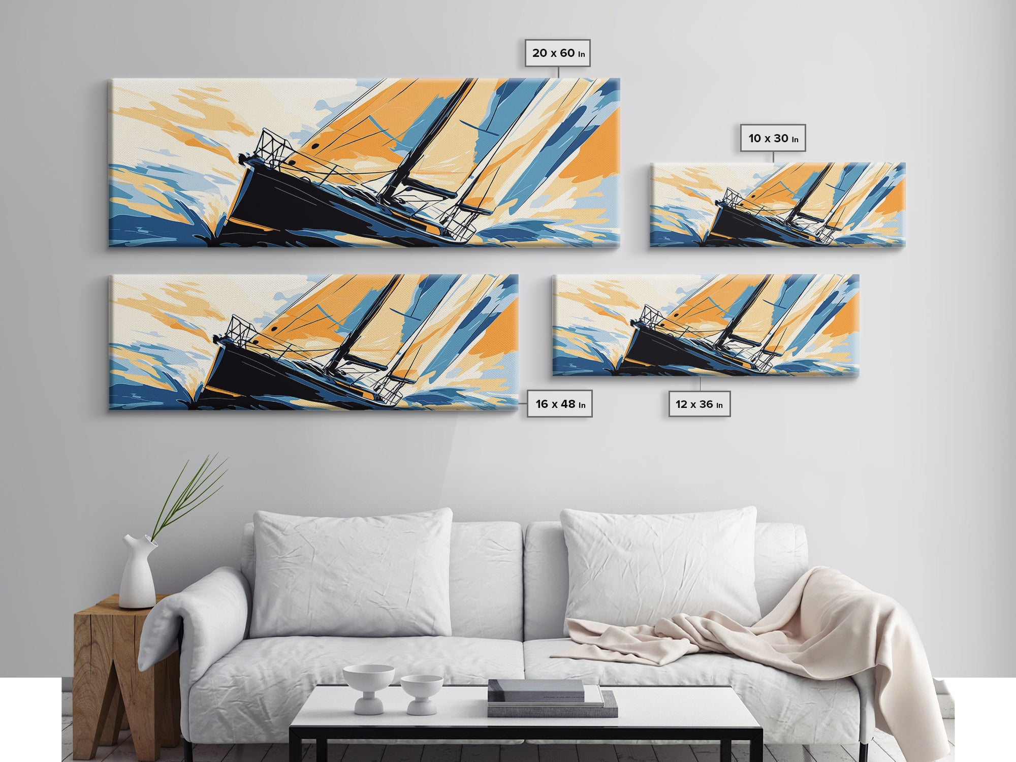 Pop Art Sailboat Painting Print - Vibrant Colorful Seascape Art - Nautical Landscape - Panoramic Ultra Wide Wall Art - Sail Boat Art