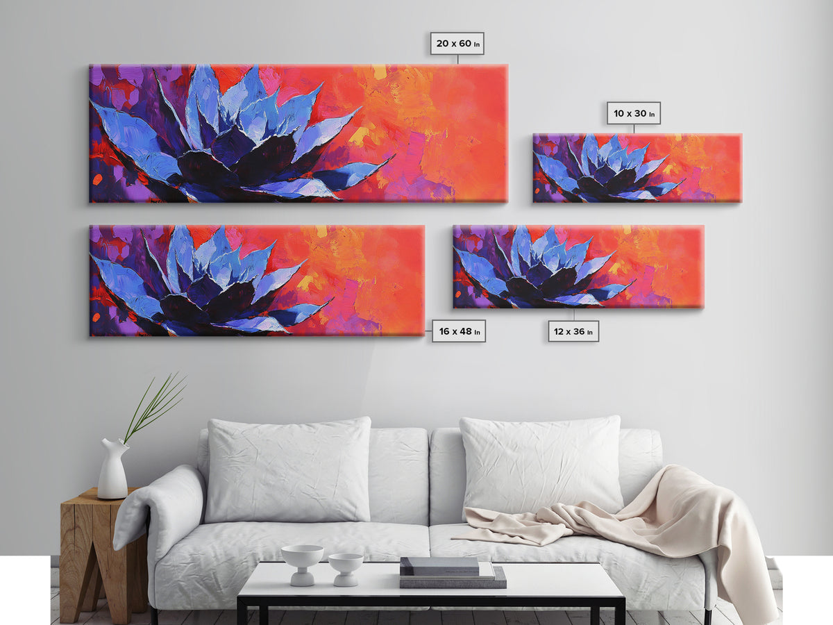 Blue Agave Plant Art Print Canvas Art Mexican Wall Art, Mexican Print, Chicano Art, Panoramic Botanical Wall Art, Colorful Desert Wall Art