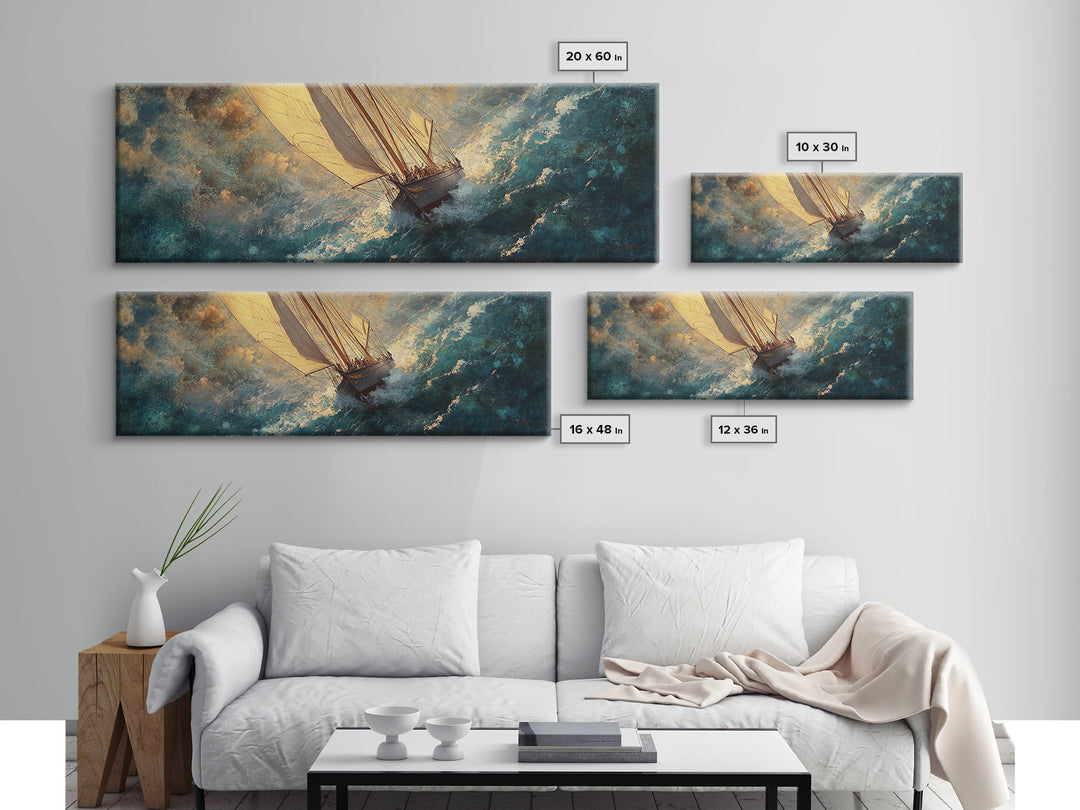 The Sailboat and the Storm Framed Canvas Print - Sailboat Painting - Nautical Decor - Hurricane Painting - Nautical Sailboat Landscape Painting