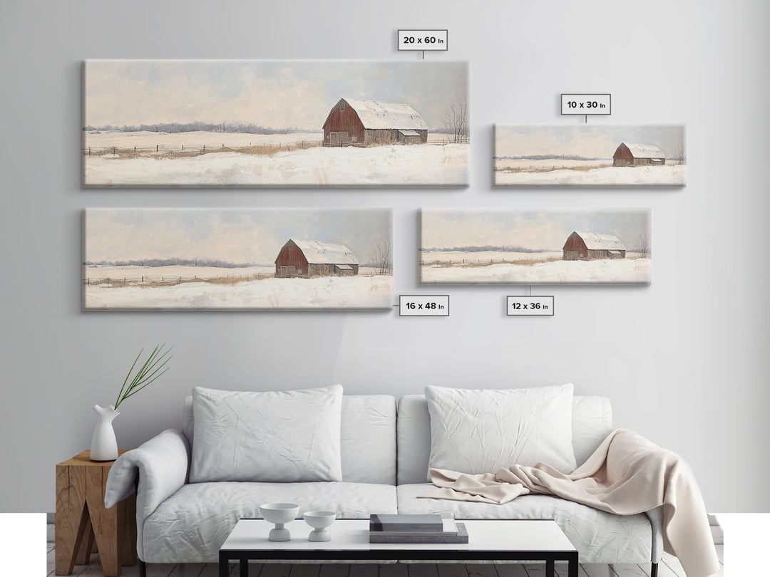 Barn Landscape Oil Painting Print - Retro Farm Wall Art - Village Wall Art - Old Red Barn In Winter - Winter Landscape - Winter Centerpiece Art