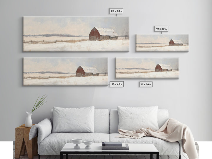 Barn Landscape Oil Painting Print - Retro Farm Wall Art - Village Wall Art - Old Red Barn In Winter - Winter Landscape - Winter Centerpiece Art