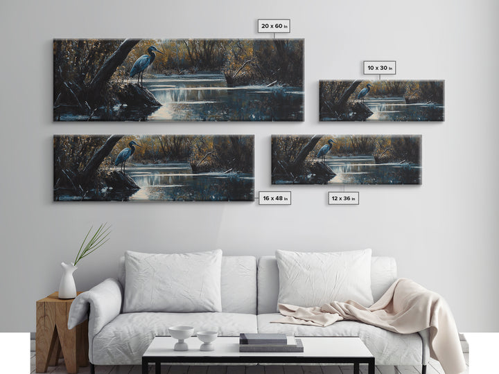 Blue Heron Wall Art, Framed Canvas Print, Nautical Home Decor, Blue Heron Painting, Panoramic Horizontal Wall Art