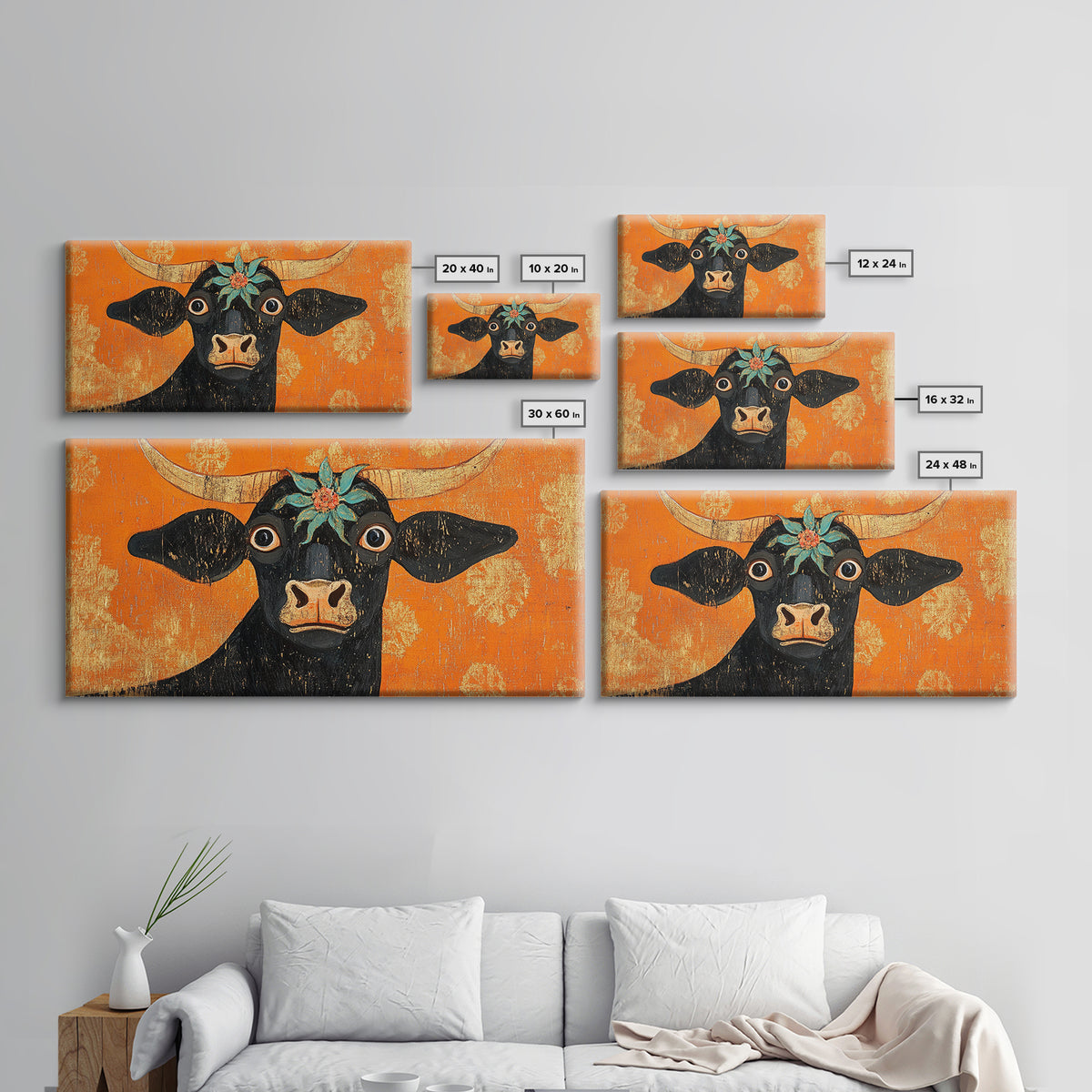 Abstract Wide Eyed Cow, Funny Art, Framed Canvas Print, Chicano Wall Art, Mexican Style Art, Farmhouse Decor, Cow Painting, Cow Print
