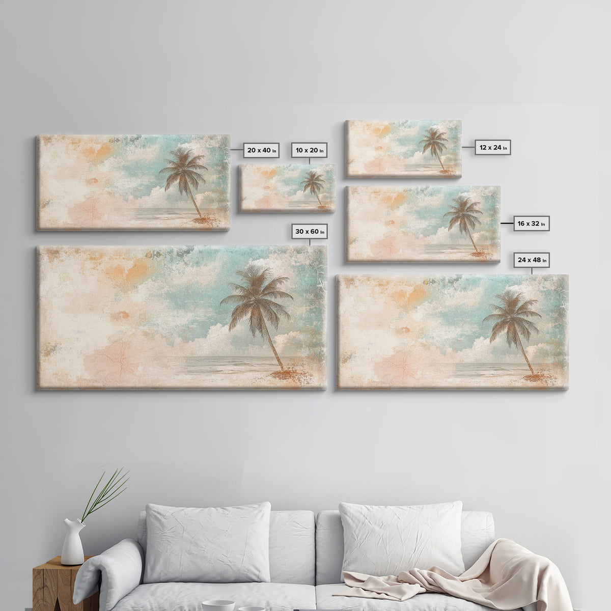 Distressed Painting Print of a Lone Palm Tree on a Beach, Framed Canvas Print, Retro Nautical Landscape Painting, Beach Wall Art, Beach Print