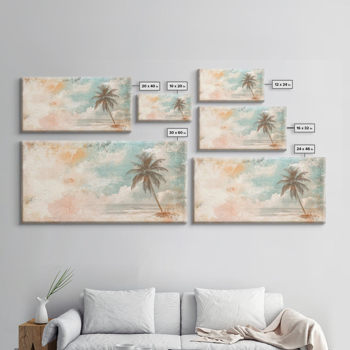 Distressed Painting Print of a Lone Palm Tree on a Beach, Framed Canvas Print, Retro Nautical Landscape Painting, Beach Wall Art, Beach Print