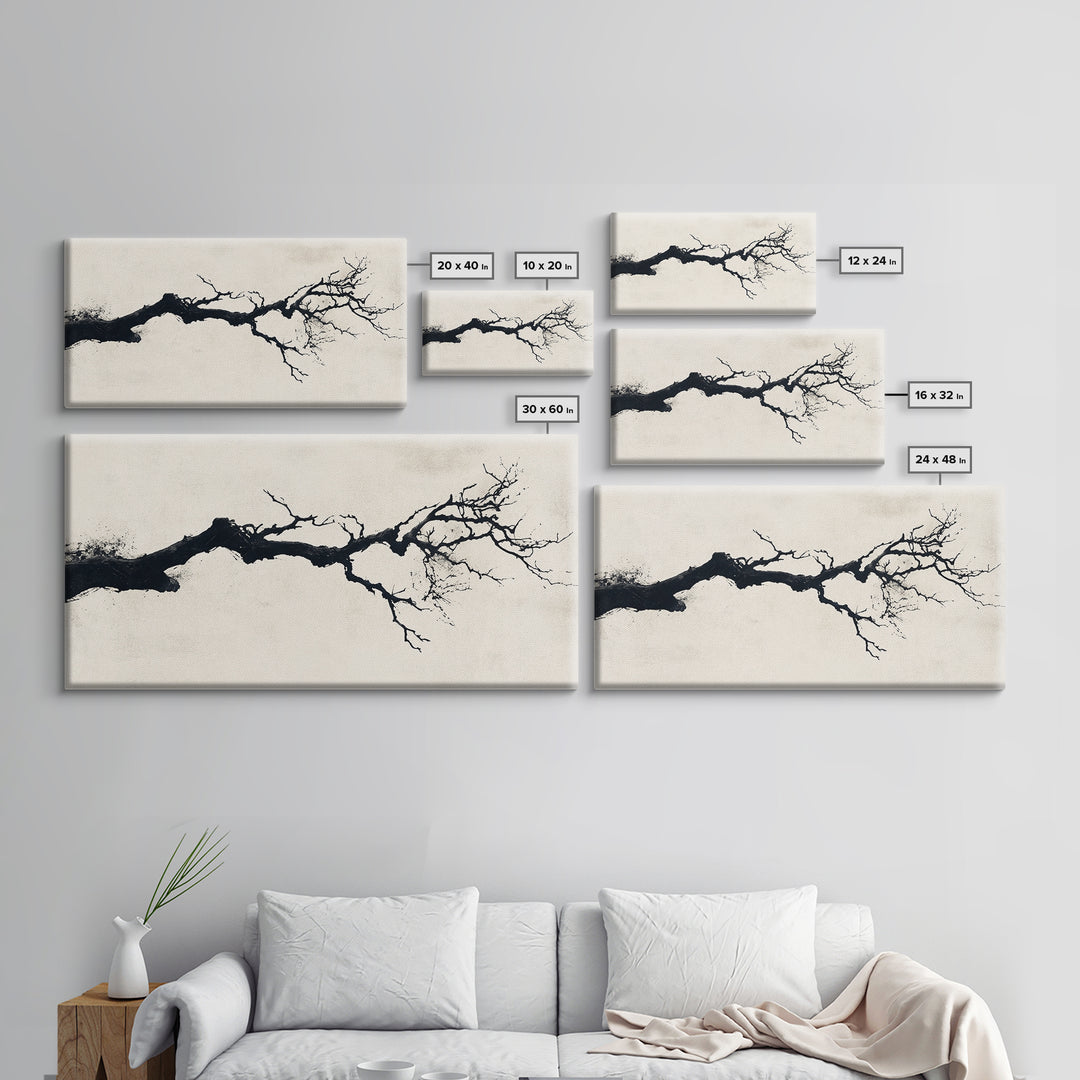 Black and White Wall Art, Framed Canvas Print, Dead Branch Painting on a Black Background, Charcoal Sketch, Charcoal Painting Wall Art