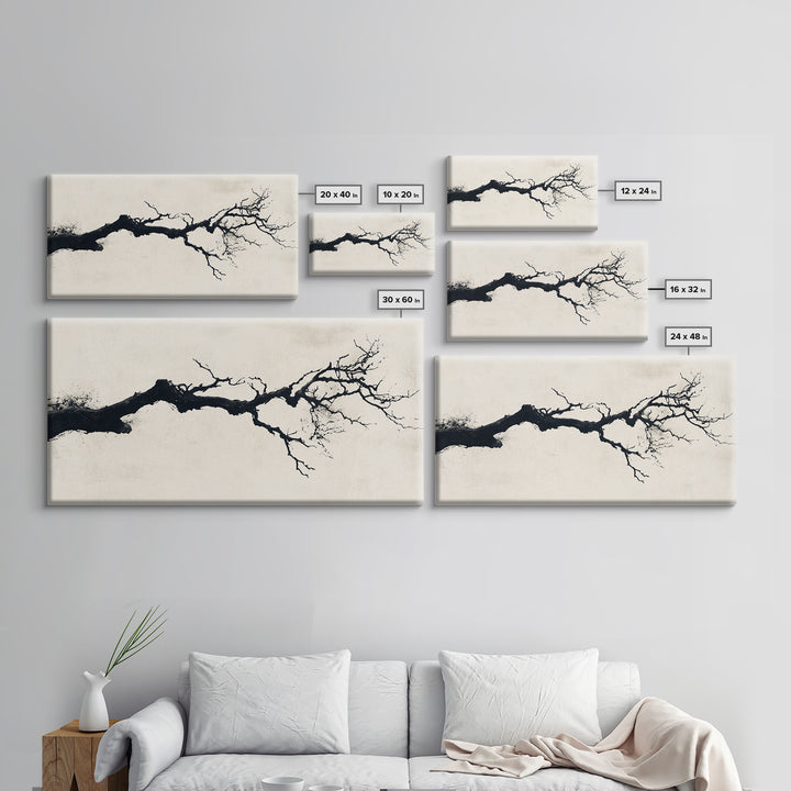 Black and White Wall Art, Framed Canvas Print, Dead Branch Painting on a Black Background, Charcoal Sketch, Charcoal Painting Wall Art