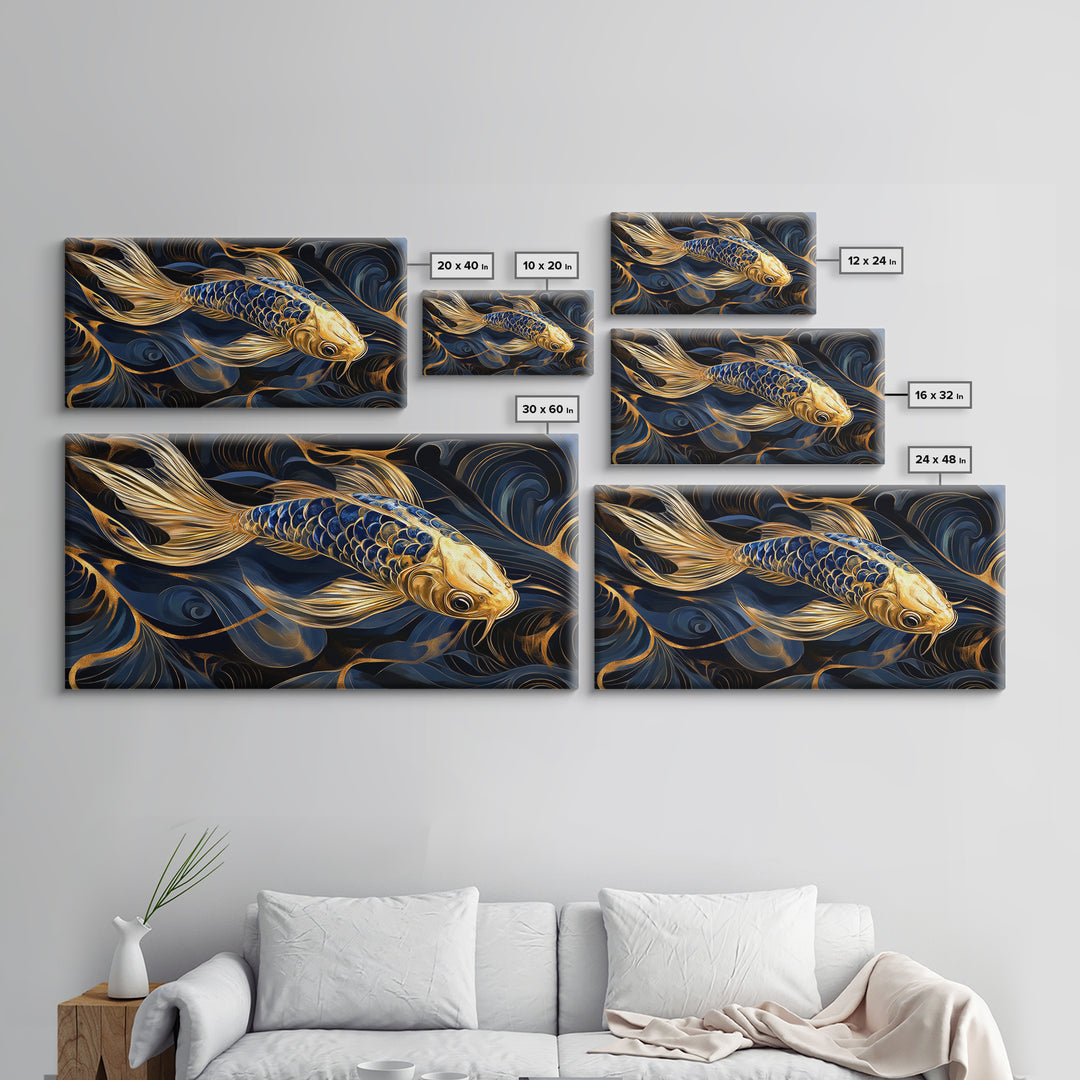 Black and Gold Koi Fish Framed Canvas Print, Wabi Sabi Style Home Decor, Koi Fish Painting Koi Fish Art, Modern Living Room Decor