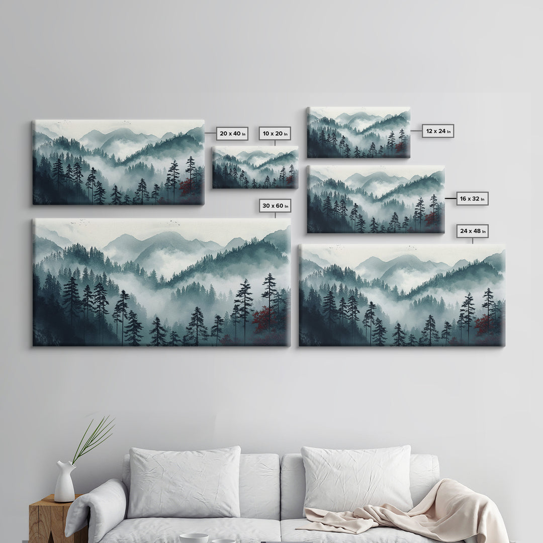 Foggy Mountain Landscape At The Break of Dawn, Framed Canvas Print, Foggy Landscape Painting, Blue Ridge Mountains Painting Print