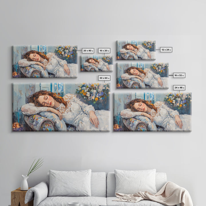 Decadent Young Woman Inspired Wall Art, Framed Canvas Print, Victorian Oil Painting Of a Woman Taking a Nap, Cute Bedroom Decor